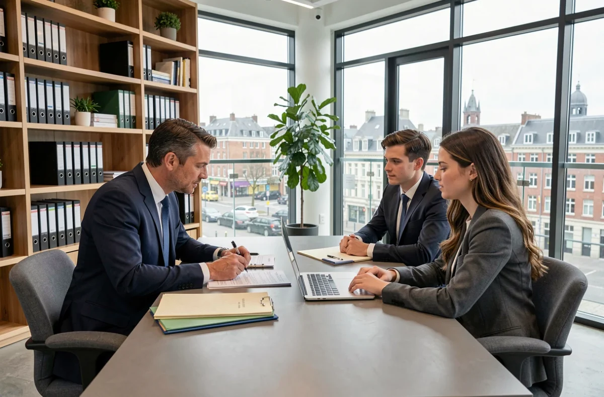Courtier en crédit immobilier conseillant un couple dans un bureau moderne des Hauts-de-France