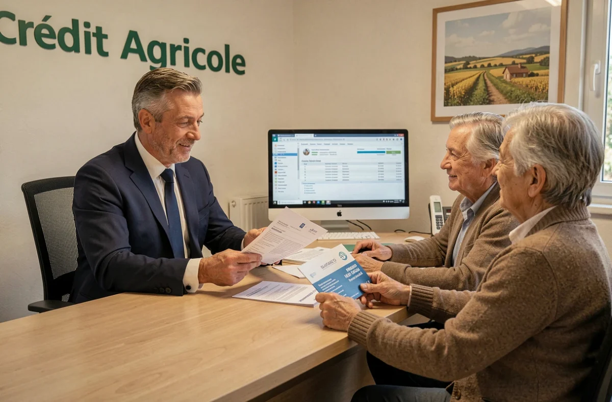 Un conseiller du service courtage interne du Crédit Agricole Nord Midi-Pyrénées présente des offres de prêt immobilier à un couple