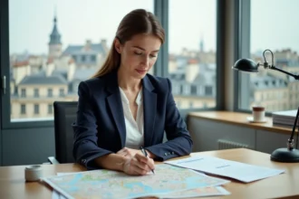 Femme consultante en immobilier analysant des documents de crédit immobilier avec vue sur une ville française