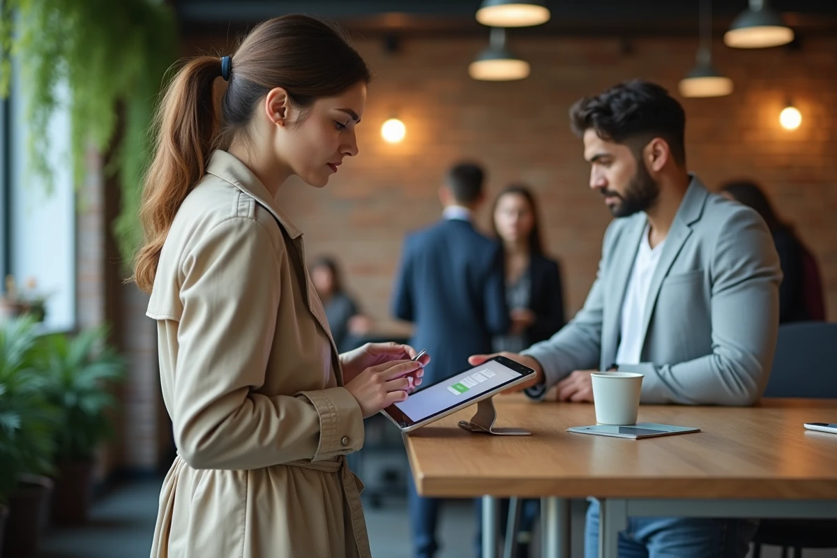 Jeune femme consultant l'espace Cyberplus Banque Populaire Sud Ouest sur tablette dans un espace de coworking