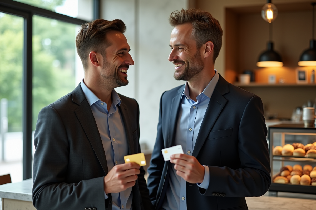 Deux hommes discutent avec cartes de banque dans un café