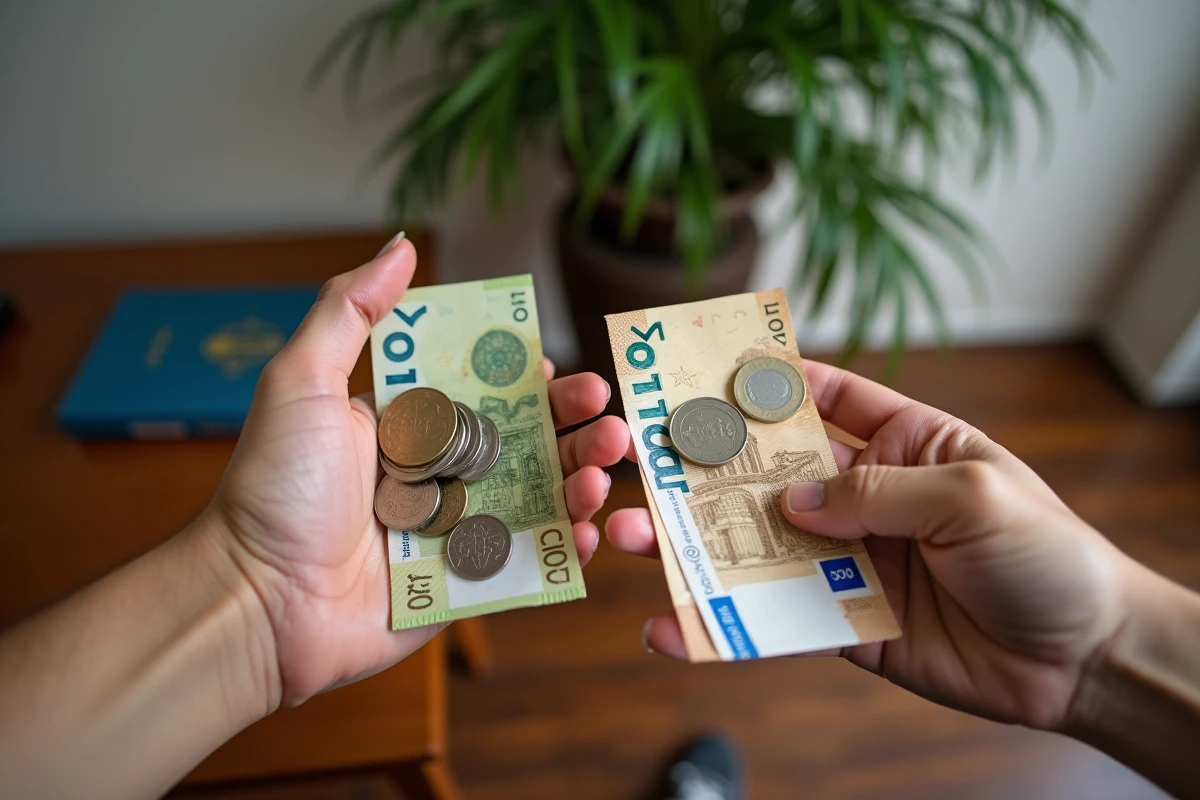 Mains tenant des dirhams marocains et des euros côte à côte sur une table de voyage