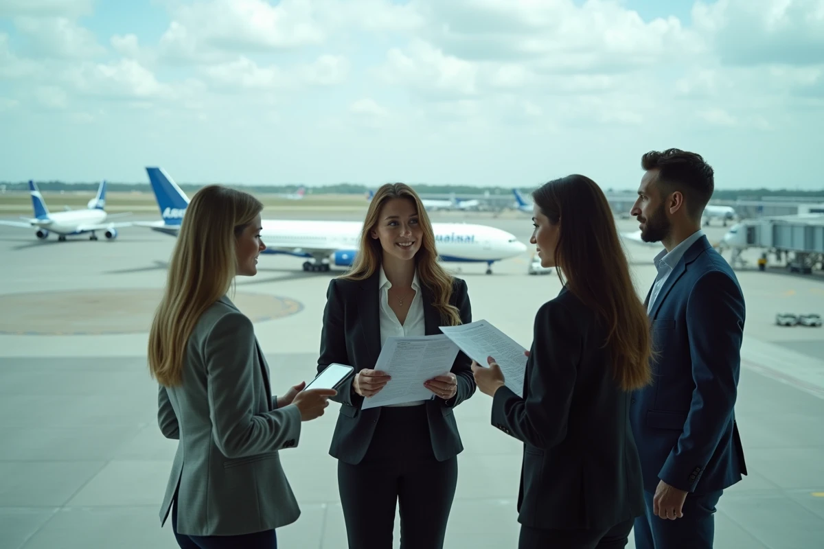 Professionnels discutant devant avions Airbus à l