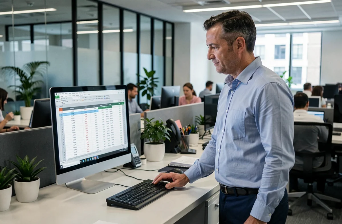 Employé de bureau vérifiant ses données salariales et prime PPV 2026 sur ordinateur en entreprise