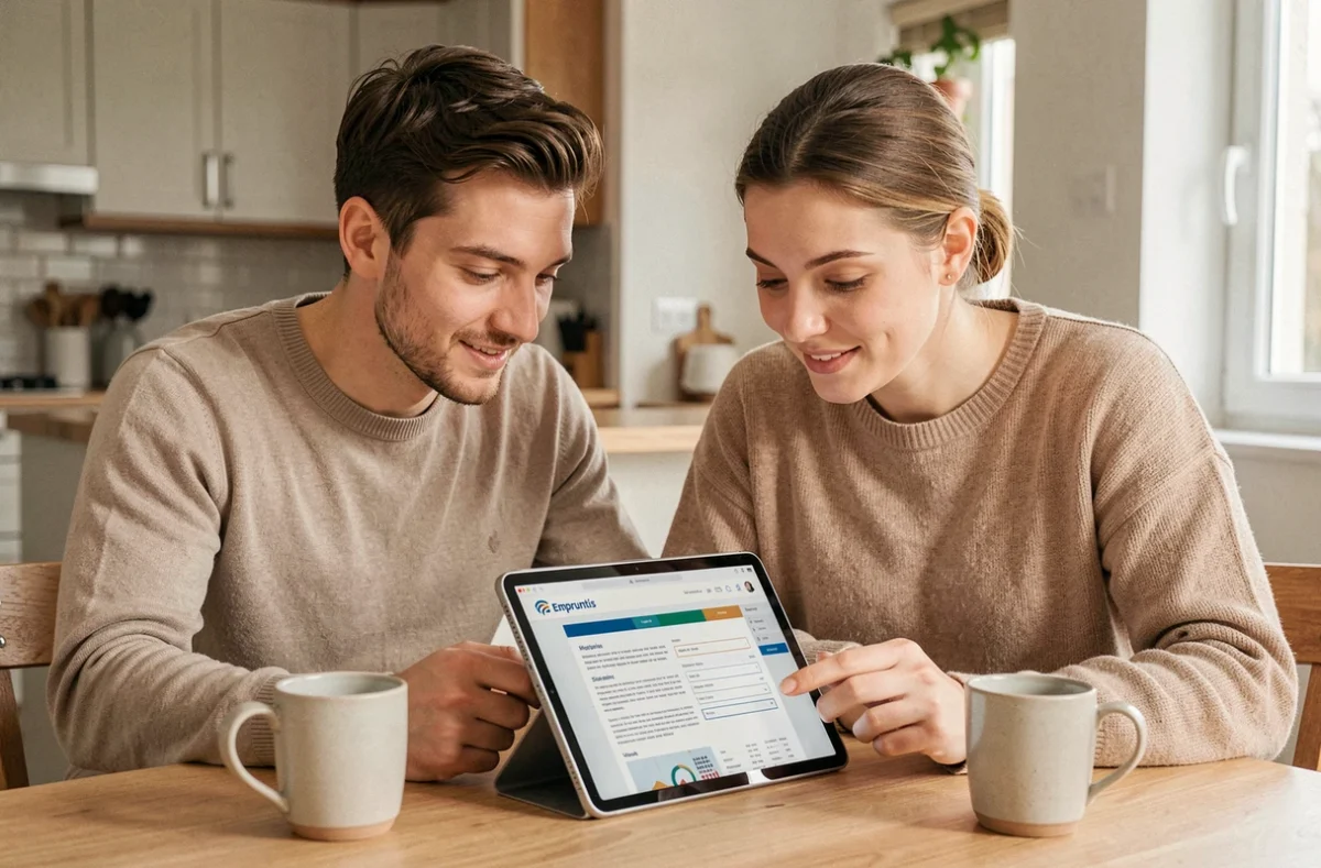 Un couple examine ensemble une simulation de prêt immobilier sur une tablette via le service Empruntis à leur table de cuisine