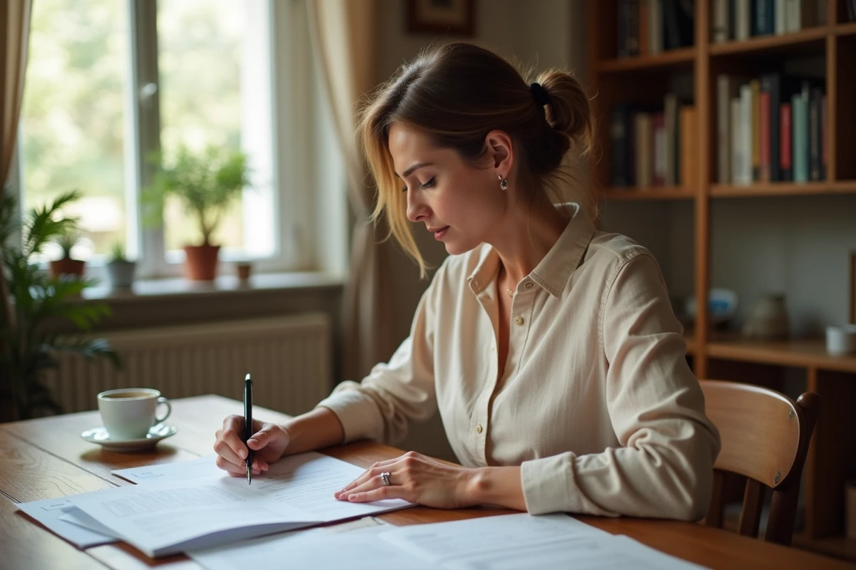 Femme seule consultant des documents d'assurance vie à une table en bois dans un appartement chaleureux