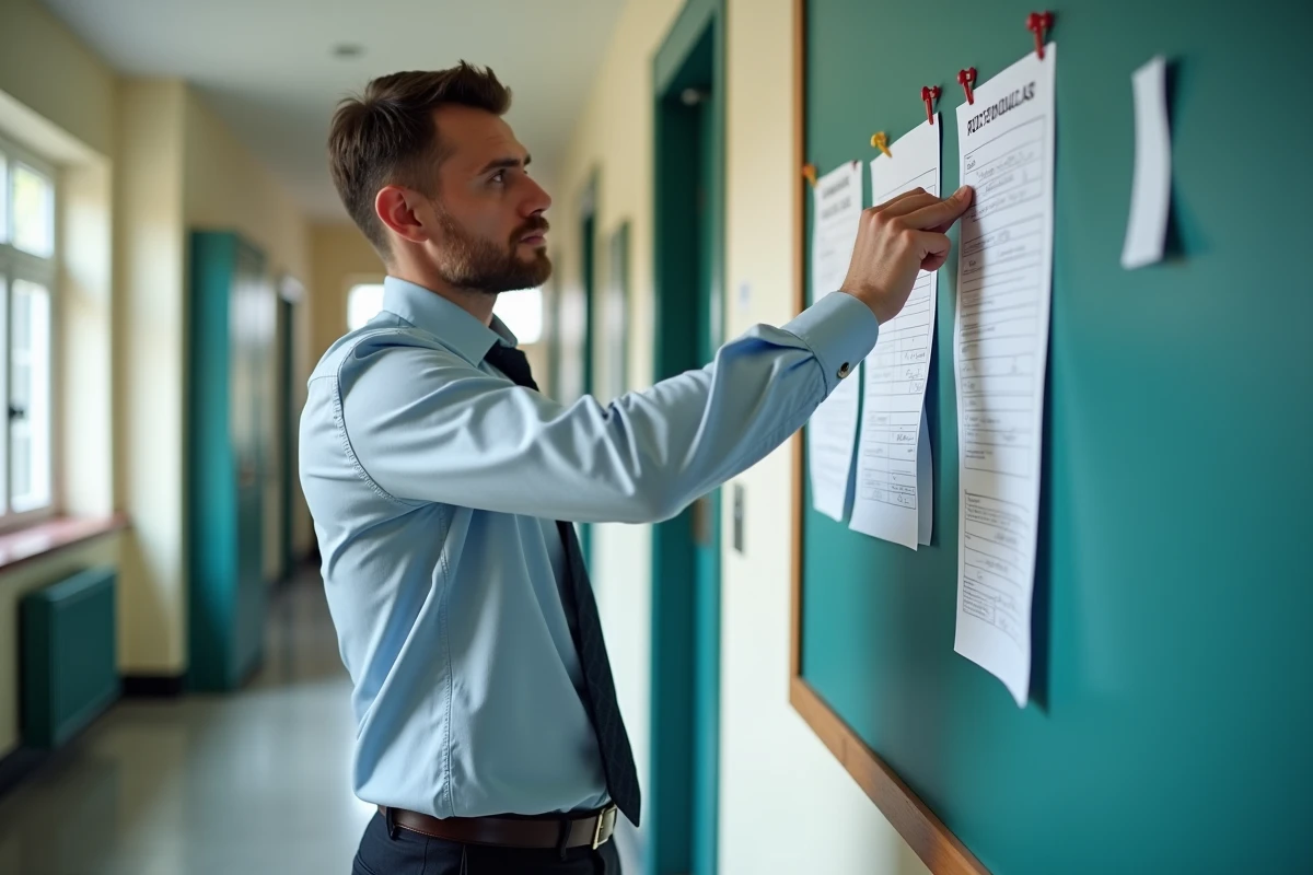 Enseignant affichant un tableau des dates de versement de salaire 2026 dans un couloir scolaire