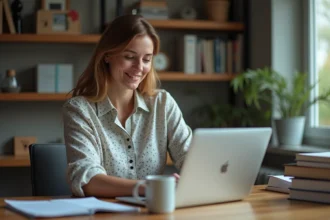 Professeure souriante consulte sa fiche de paie numérique à domicile
