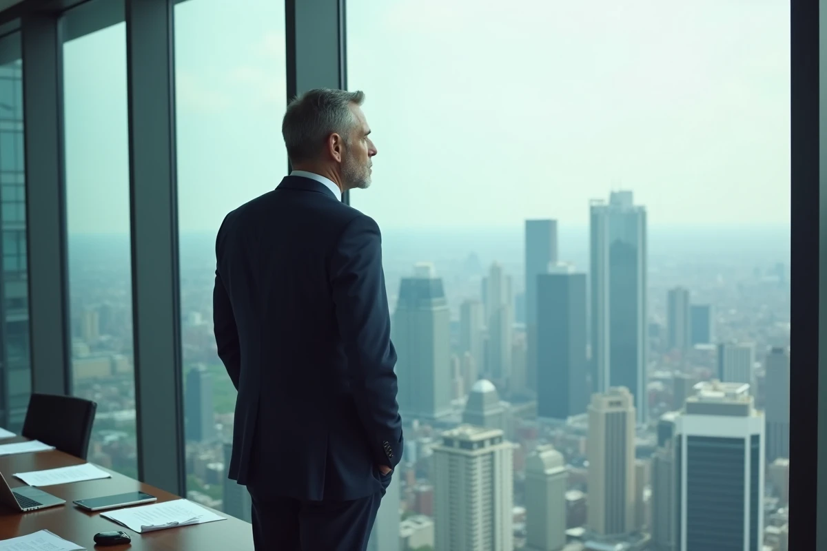 Entrepreneur en costume sombre contemplant la skyline urbaine depuis un bureau en hauteur, symbolisant la réussite et l'ambition entrepreneuriale