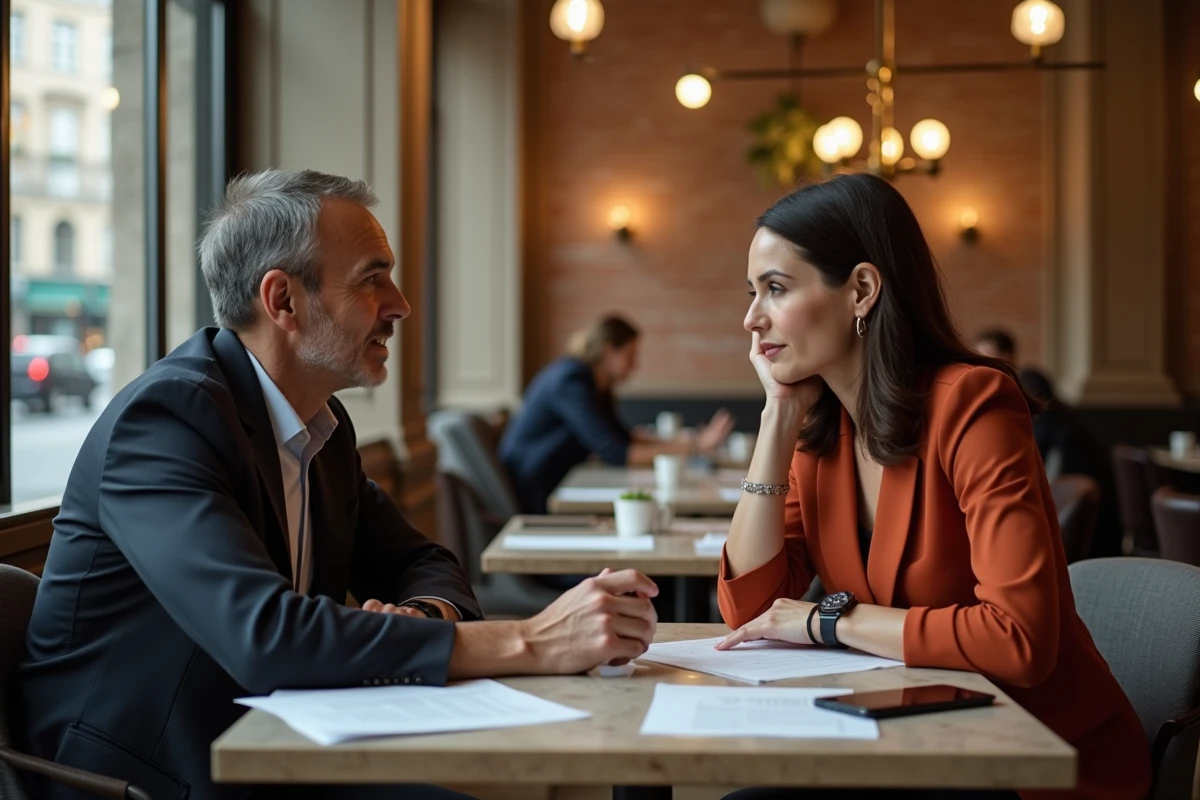 Deux entrepreneurs discutant de stratégie de croissance et de succès financier autour d'une table dans une brasserie parisienne moderne