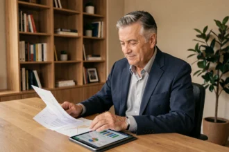 Épargnant senior analysant des documents de placement immobilier SCPI sur son bureau à domicile
