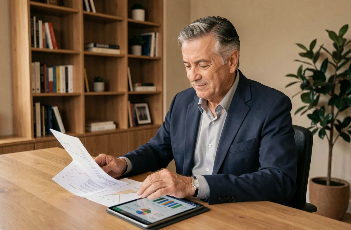 Épargnant senior analysant des documents de placement immobilier SCPI sur son bureau à domicile