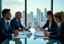 Classement : Plus gros cabinet de conseil en France en 2025 ? Taille et chiffre d’affaires Groupe de professionnels d'affaires autour d'une table avec skyline