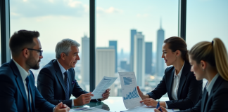 Classement : Plus gros cabinet de conseil en France en 2025 ? Taille et chiffre d’affaires Groupe de professionnels d'affaires autour d'une table avec skyline