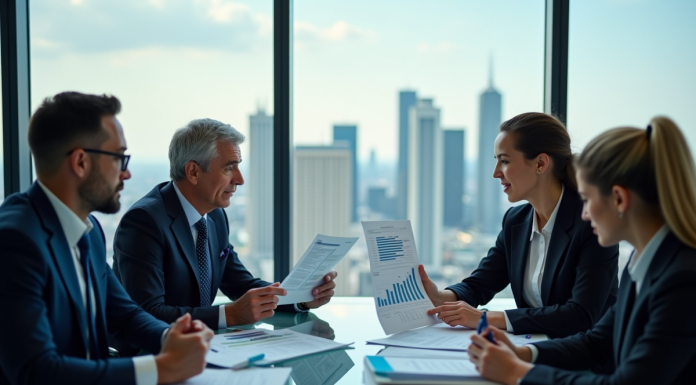 Groupe de professionnels d'affaires autour d'une table avec skyline