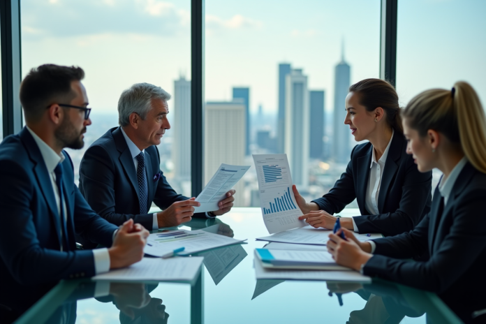 Groupe de professionnels d'affaires autour d'une table avec skyline