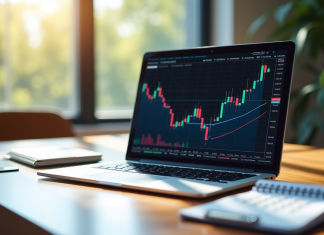 Espace de travail moderne avec graphique boursier coloré