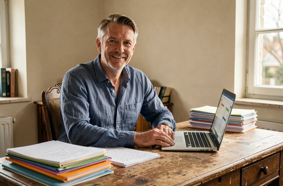 Le courtier indépendant Fabrice Pinon travaillant dans son bureau dans la Loire