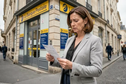 Femme consultant une adresse imprimée devant une agence La Banque Postale en milieu urbain