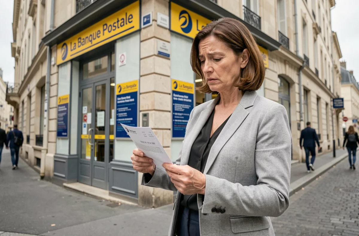 Femme consultant une adresse imprimée devant une agence La Banque Postale en milieu urbain