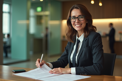 Femme d'affaires souriante dans une banque moderne