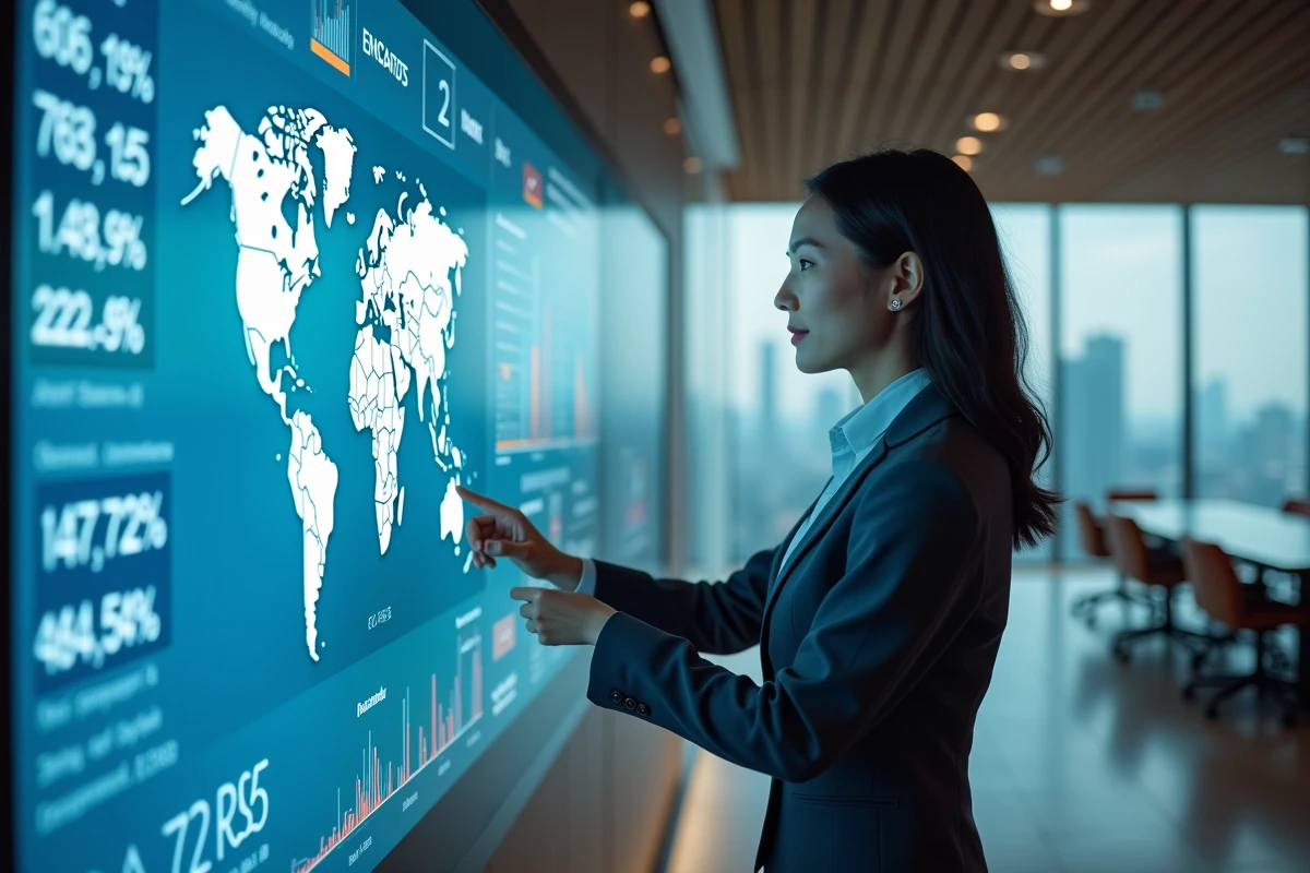 Femme d'affaires analysant des données économiques et énergétiques mondiales sur écran interactif