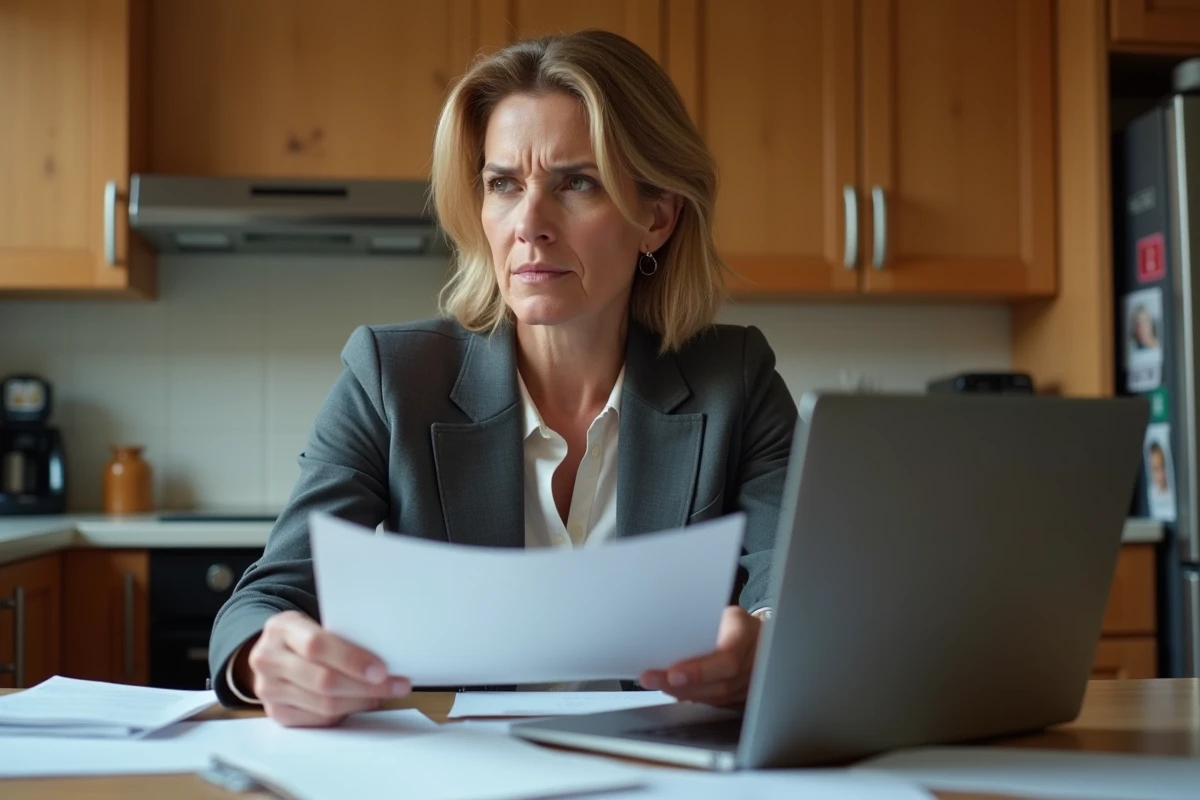 Femme d'affaires dans une cuisine examinant un document