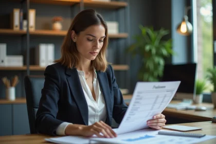 Femme d'affaires lisant un rapport financier dans un bureau moderne