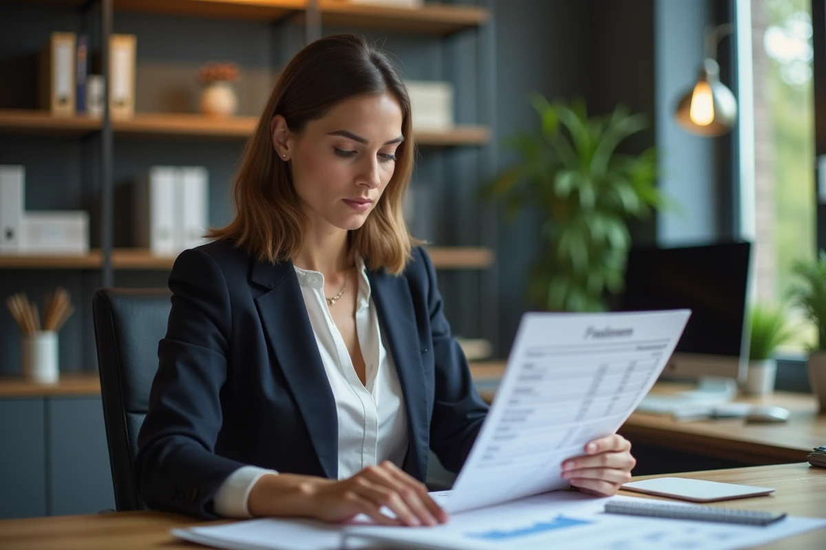 Femme d'affaires lisant un rapport financier dans un bureau moderne