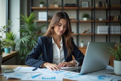 Femme en bureau analysant des graphiques financiers