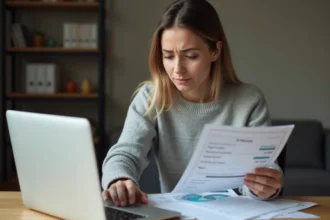 Femme analysant les frais et limites d'un service de paiement mobile comme Leetche sur son bureau à domicile