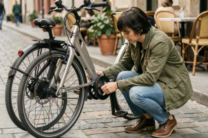 Femme attachant un antivol U à son vélo électrique sur un trottoir pavé en ville