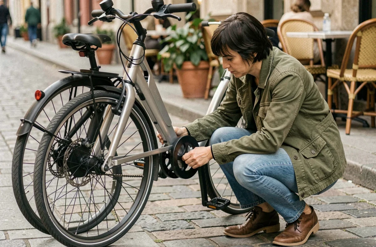 Femme attachant un antivol U à son vélo électrique sur un trottoir pavé en ville