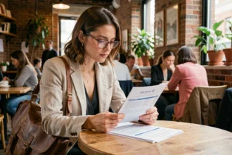 Femme consultant des documents d'assurance voyage dans un café avant un long séjour à l'étranger
