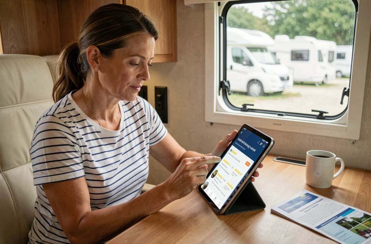 Femme consultant des avis clients sur son assurance camping-car depuis l'intérieur de son véhicule aménagé