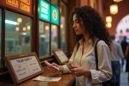 Femme tenant des dirhams marocains devant un bureau de change avec tableau des taux MAD vers euros