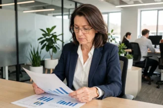 Femme cadre analysant des graphiques de salaires dans un bureau moderne, illustrant l'écart entre salaire médian et salaire moyen en France