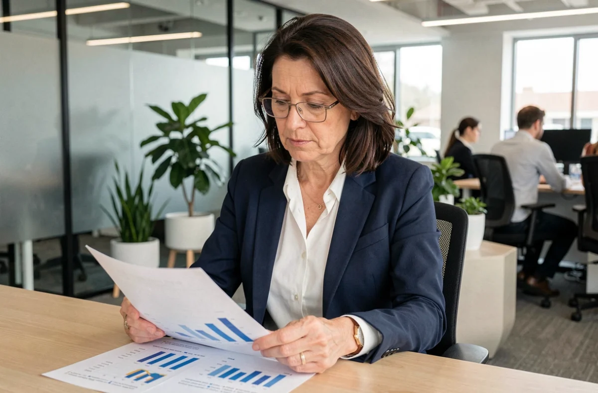 Femme cadre analysant des graphiques de salaires dans un bureau moderne, illustrant l'écart entre salaire médian et salaire moyen en France