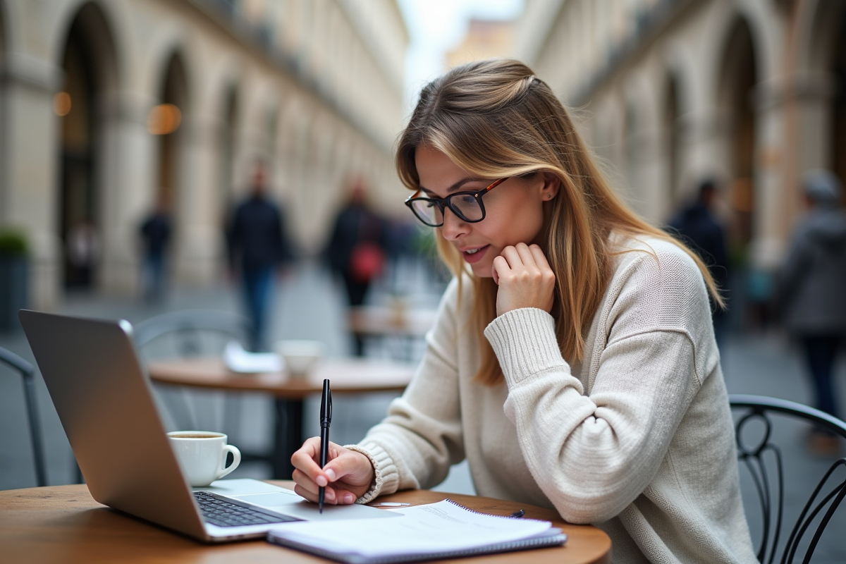 Femme au café analysant un document financier en extérieur