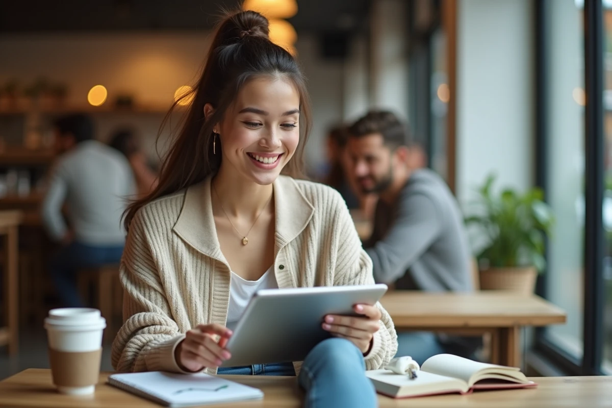 Jeune femme analysant ses investissements au café