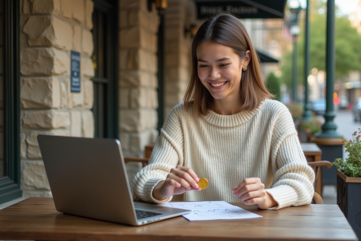 Jeune femme souriante étudiant un graphique d