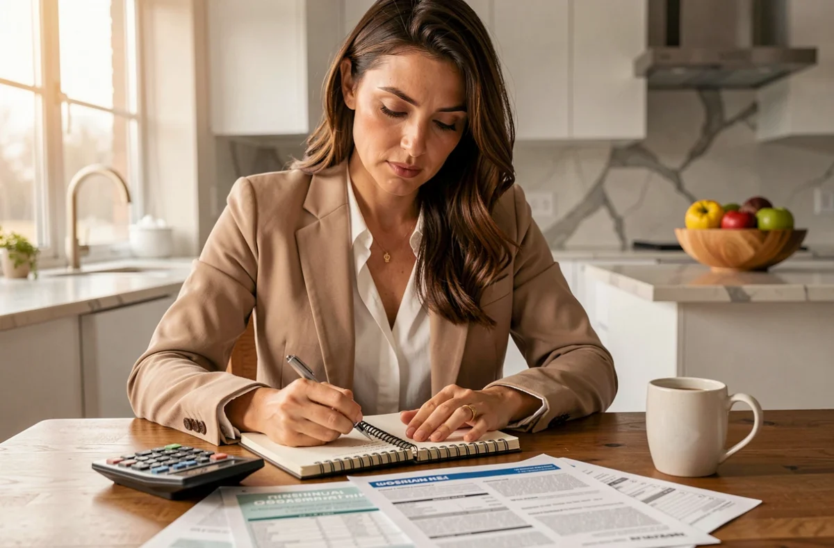 Femme calculant les économies réalisables grâce à la délégation d'assurance emprunteur à son domicile