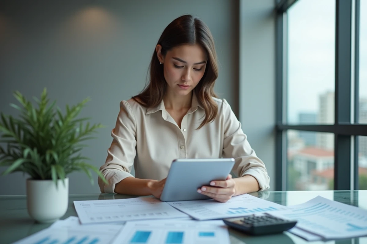 Jeune femme en business calculant sur une tablette