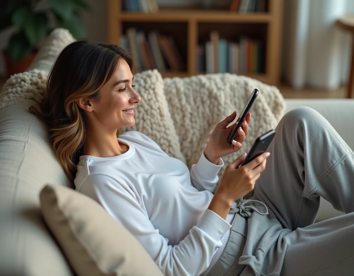 Femme allongée sur un canapé chez elle utilisant une application mobile pour transformer ses moments de détente en revenus supplémentaires