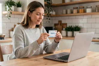 Femme tenant une carte cadeau Kadeos devant un ordinateur portable affichant un site e-commerce, dans une cuisine moderne