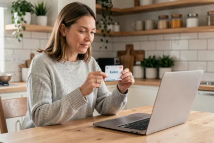 Femme tenant une carte cadeau Kadeos devant un ordinateur portable affichant un site e-commerce, dans une cuisine moderne