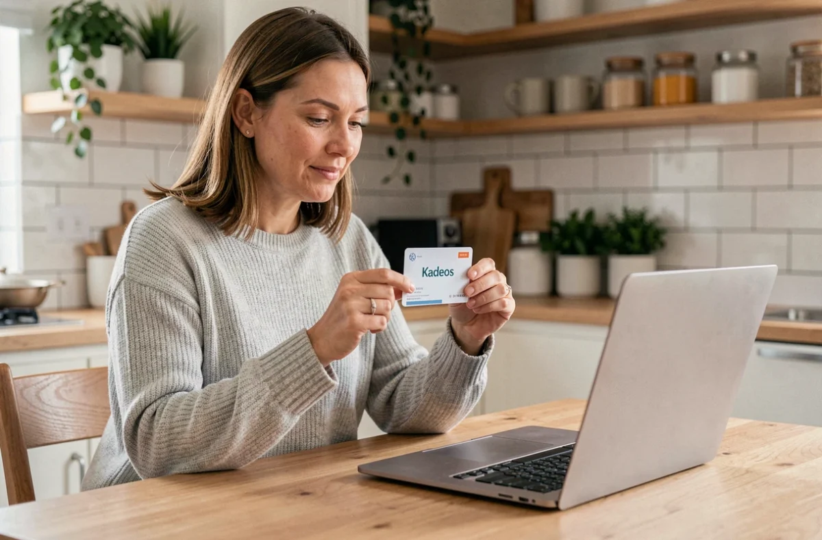 Femme tenant une carte cadeau Kadeos devant un ordinateur portable affichant un site e-commerce, dans une cuisine moderne