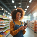 Jeune femme souriante comparant prix produits en supermarche