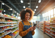 Jeune femme souriante comparant prix produits en supermarche