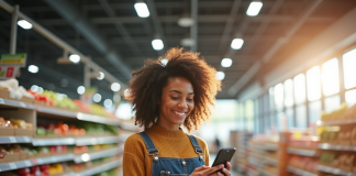 Jeune femme souriante comparant prix produits en supermarche
